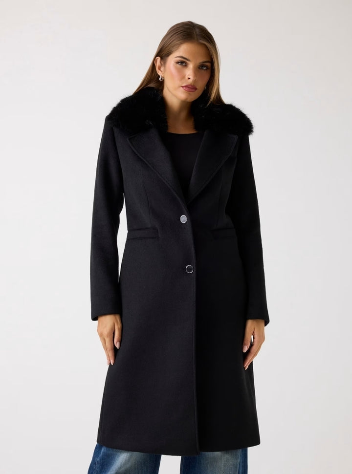 GUESS Womens Eco Black Karole Fur Collar Coat W5BL19W2642 Front View