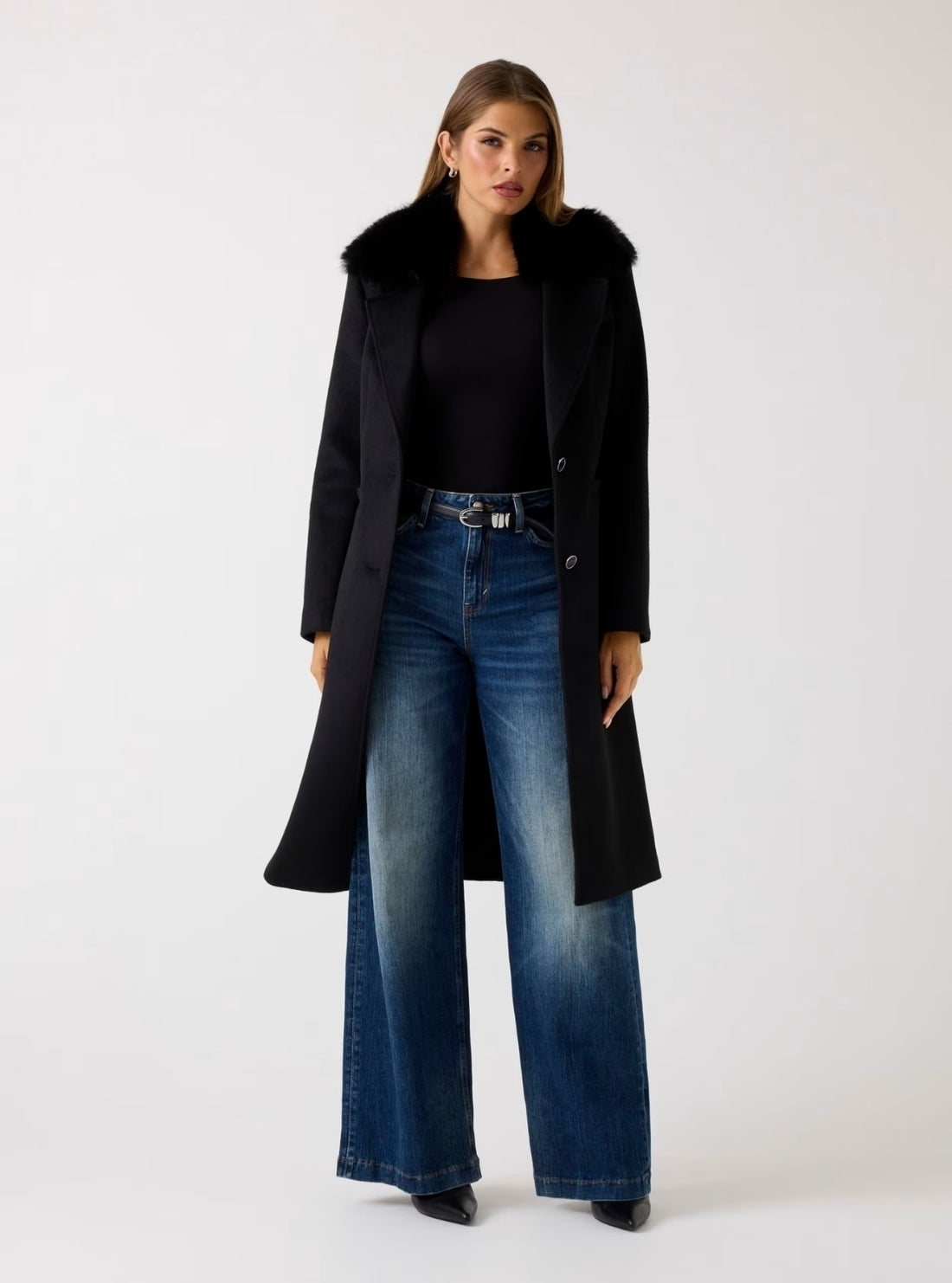GUESS Womens Eco Black Karole Fur Collar Coat W5BL19W2642 Full View