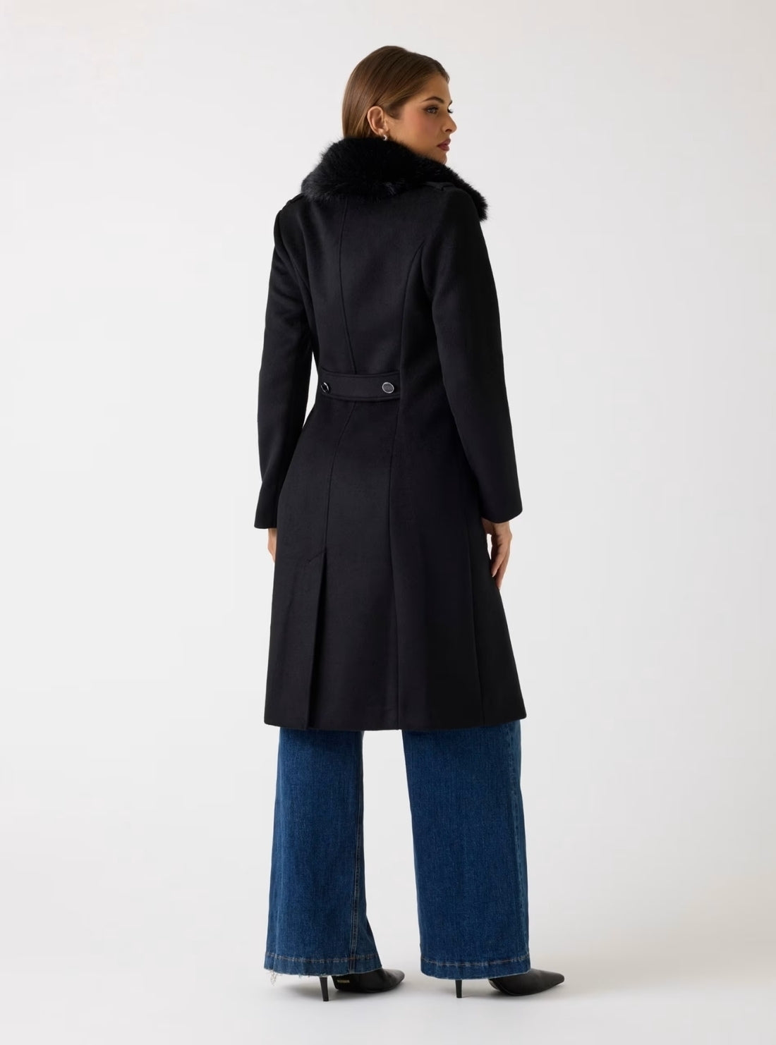 GUESS Womens Eco Black Karole Fur Collar Coat W5BL19W2642 Back View