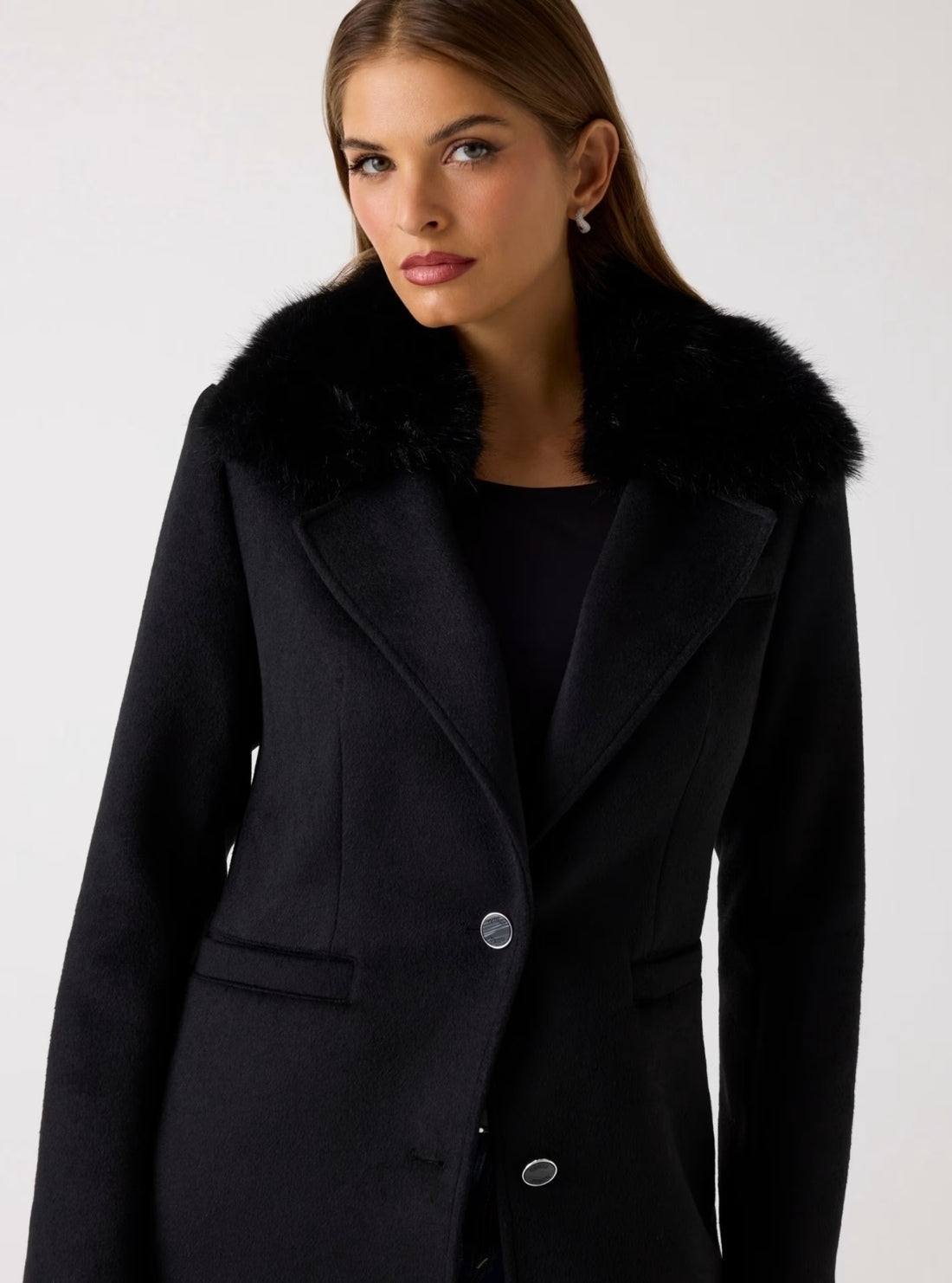 GUESS Womens Eco Black Karole Fur Collar Coat W5BL19W2642 Detail VIew