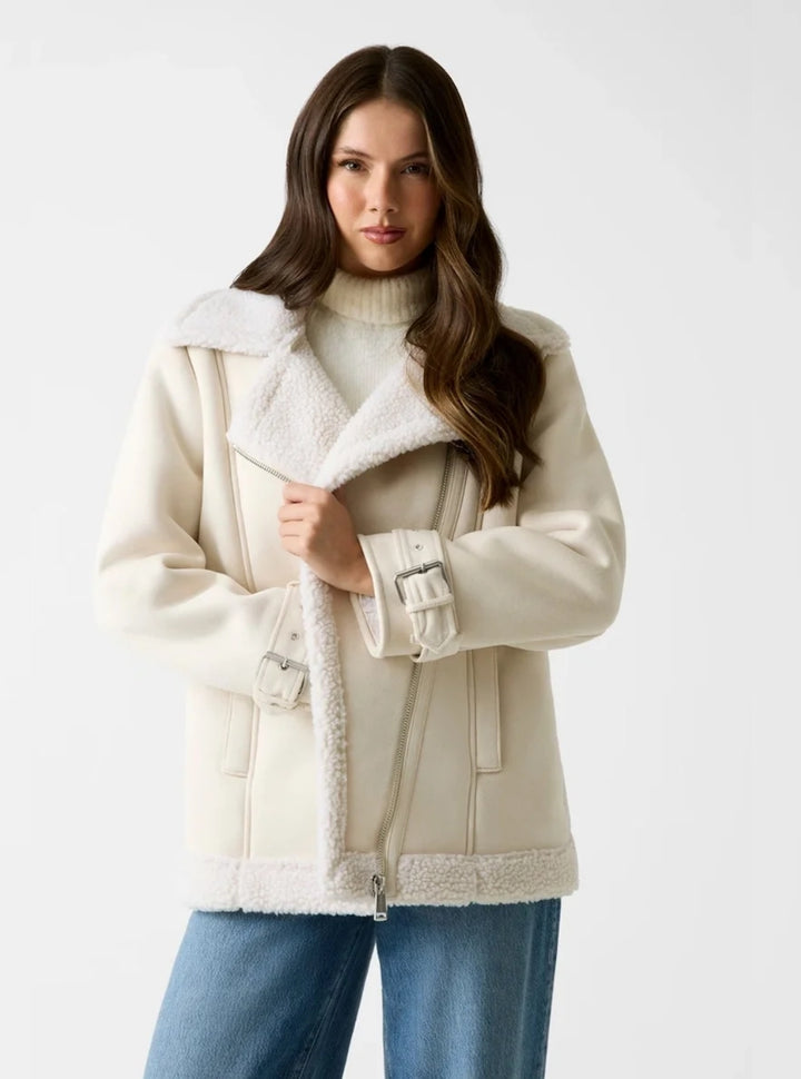 GUESS Womens Eco White Maristella Faux Shearling Jacket W5BL23W2662 Front View