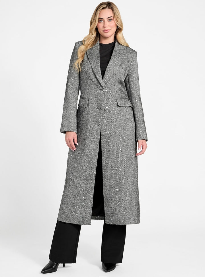 GUESS Womens Grey Stefania Sequin Herringbone Coat W5BL26W2680 Front View