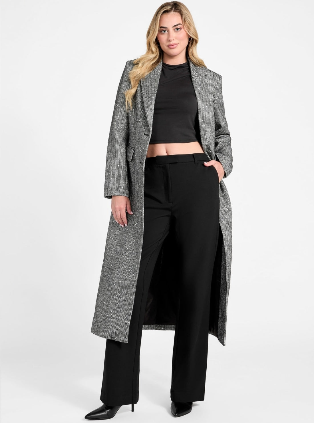 GUESS Womens Grey Stefania Sequin Herringbone Coat W5BL26W2680 Full View