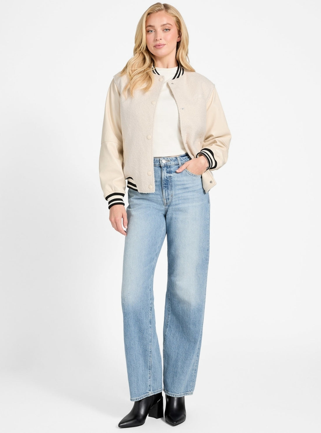GUESS Womens Eco Beige Danielle College Bomber Jacket W5BL27W2392 Full View