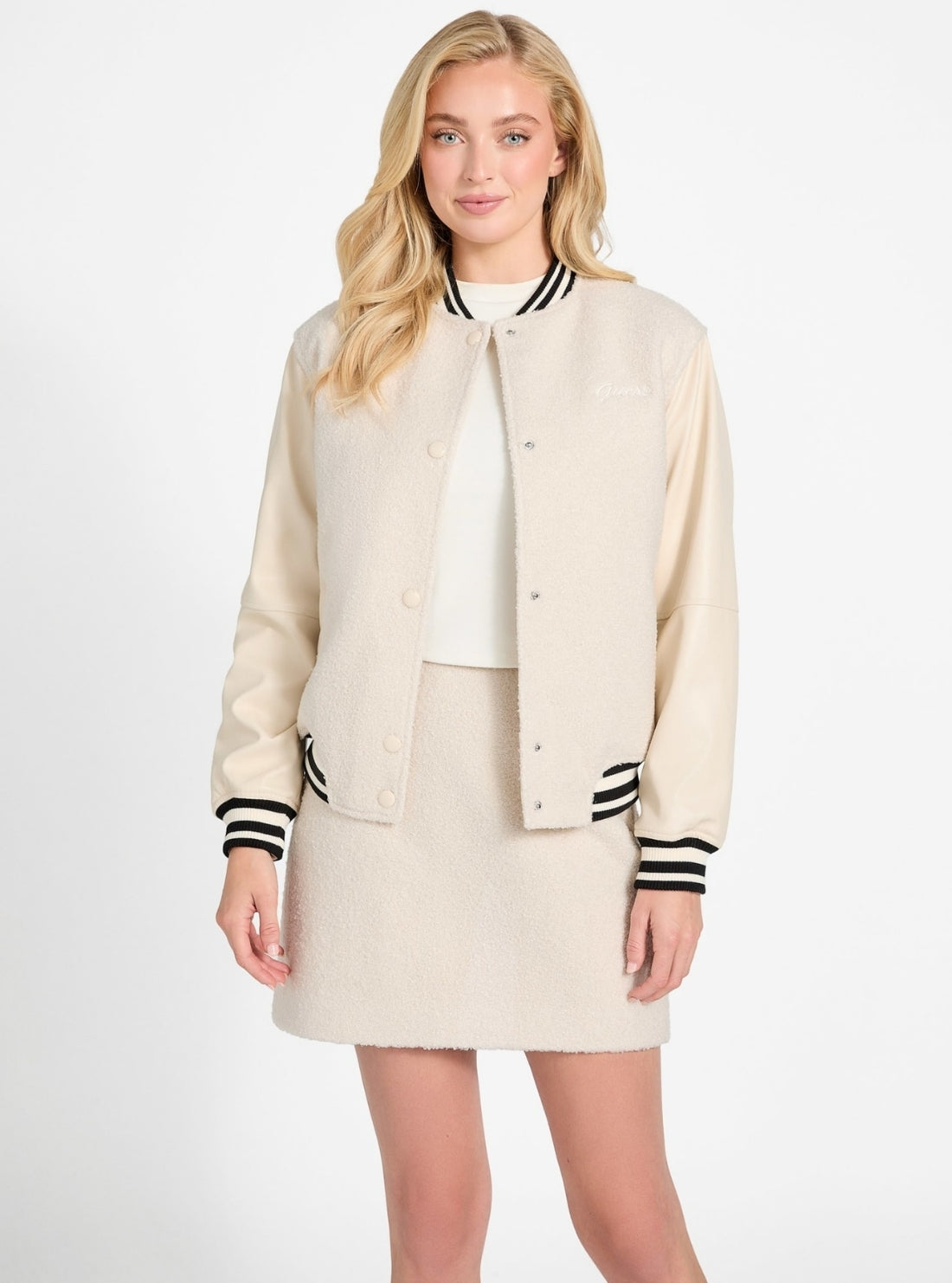 GUESS Womens Eco Beige Danielle College Bomber Jacket W5BL27W2392 Front View