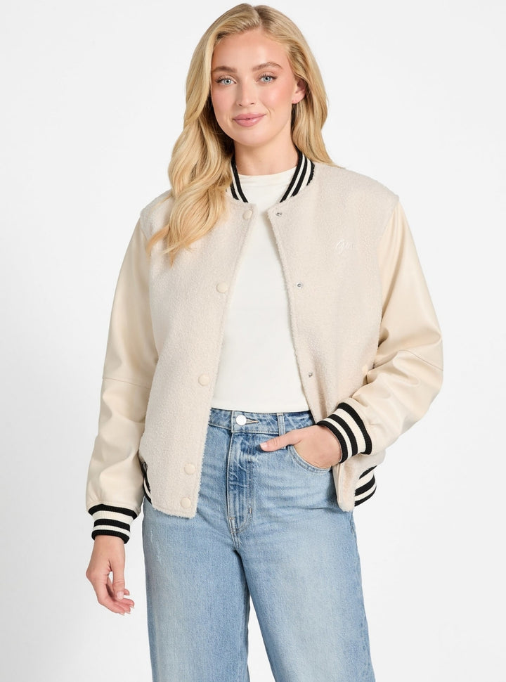 GUESS Womens Eco Beige Danielle College Bomber Jacket W5BL27W2392 Front View
