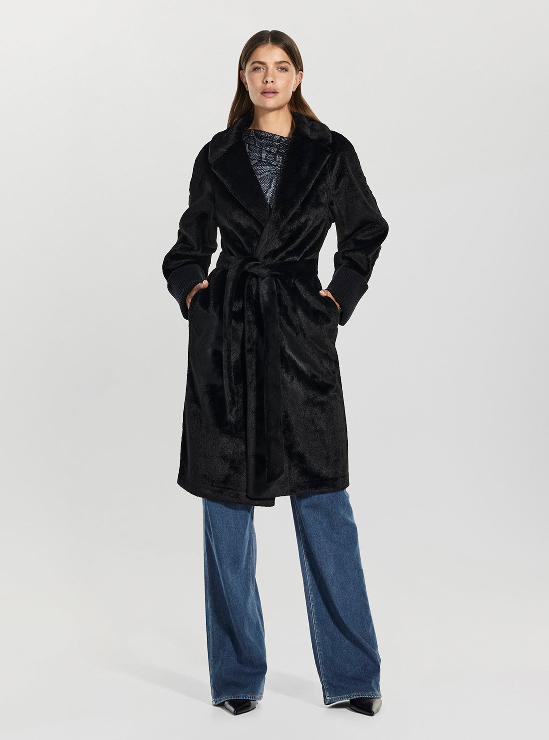 GUESS Womens Black Ludovica Faux Fur Knit Coat W5BL63W4200 Full View