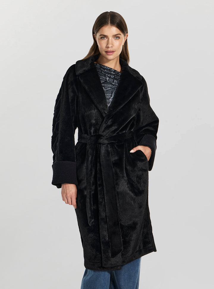 GUESS Womens Black Ludovica Faux Fur Knit Coat W5BL63W4200 Front View