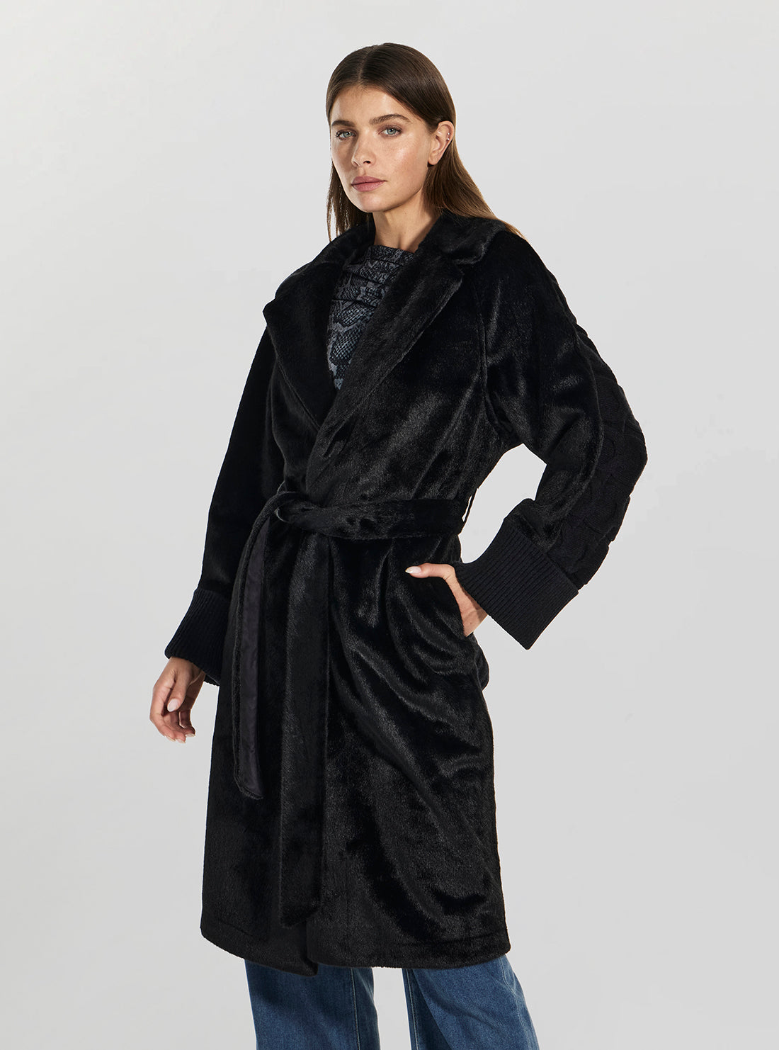 GUESS Womens Black Ludovica Faux Fur Knit Coat W5BL63W4200 Side View