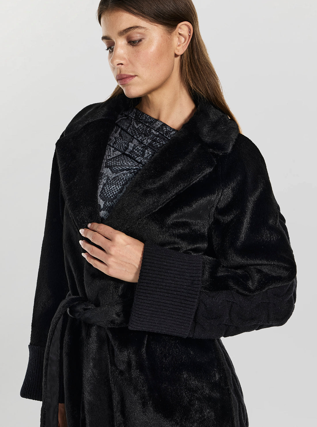 GUESS Womens Black Ludovica Faux Fur Knit Coat W5BL63W4200 Detail View