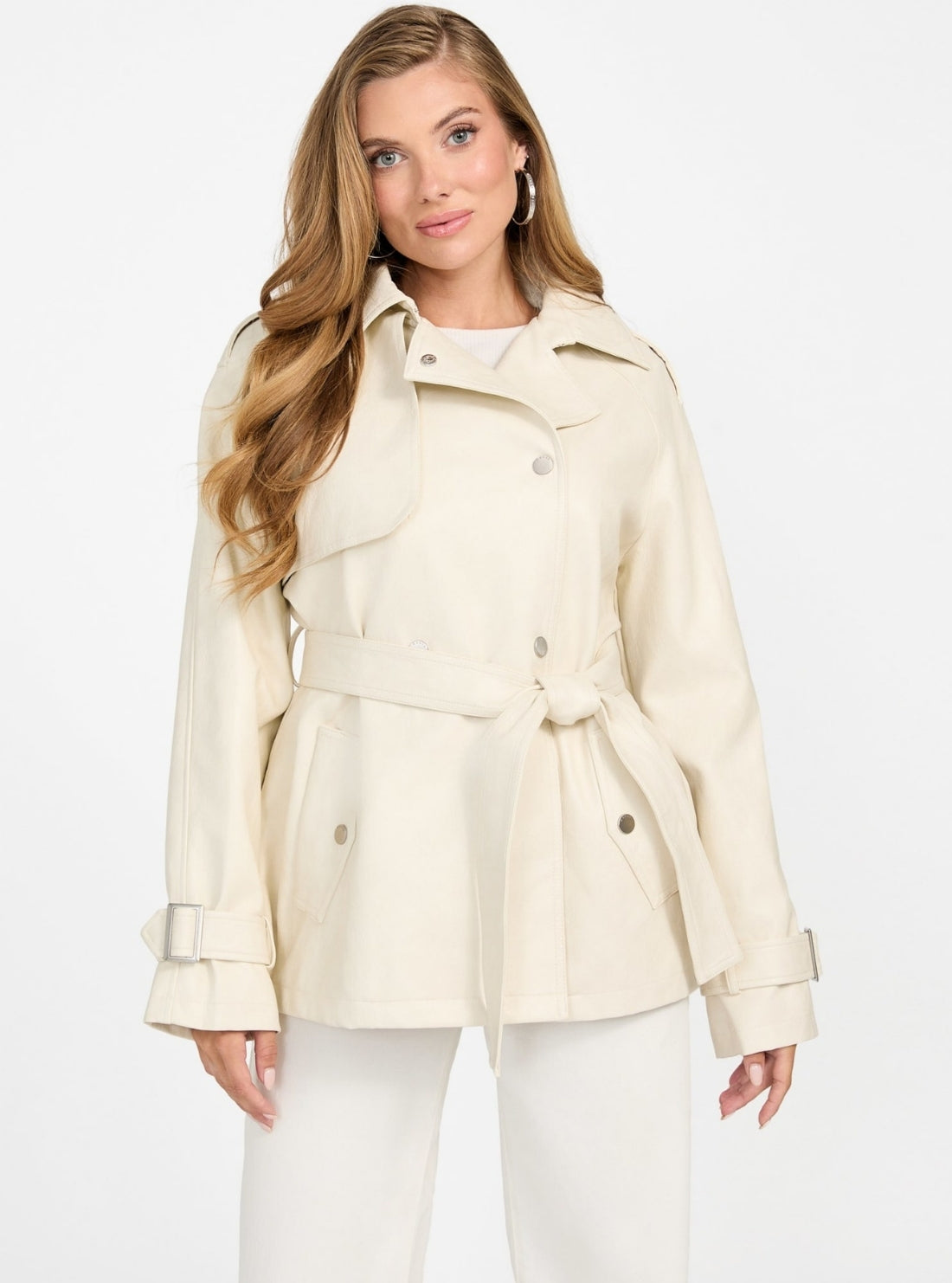 GUESS Womens White Marika Faux-Leather Short Trench Coat W5BL88WH520 Front View