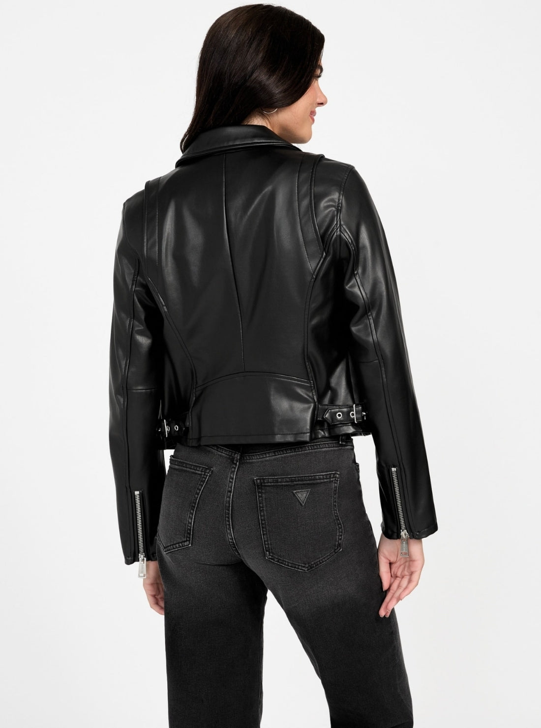 GUESS Womens Black Miko Faux-Leather Moto Jacket W5BL97K8S30 Back View