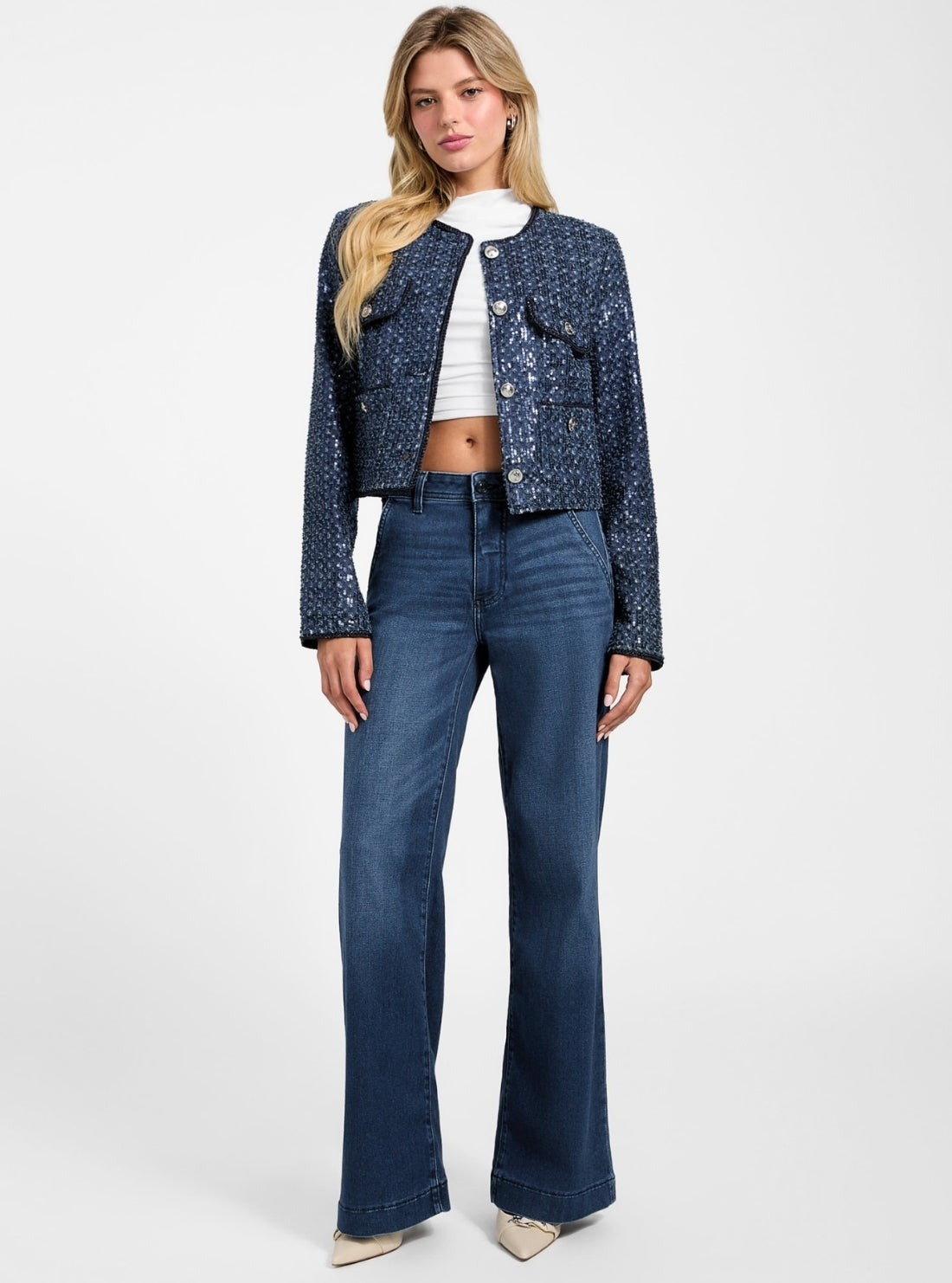 GUESS Womens Blue Elisa Sequin Denim Jacket W5BN0CD0771 Full View