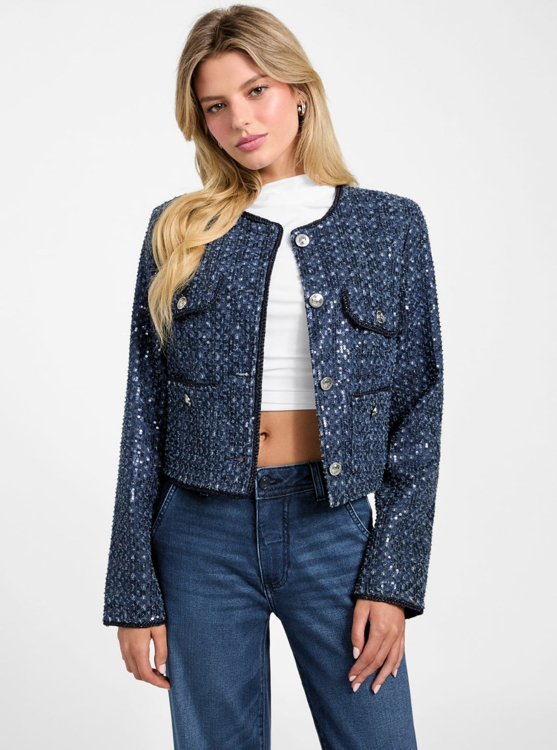 GUESS Womens Blue Elisa Sequin Denim Jacket W5BN0CD0771 Full View