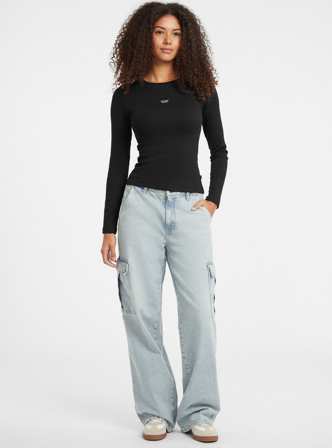 Guess Jeans Black Embroidered Slim Top W5BP01KA0H1 Full View