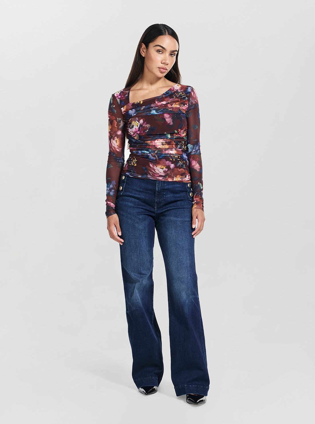 GUESS Womens Multi Bernadette Bloom Print Top W5BP32KCZC2 Full View