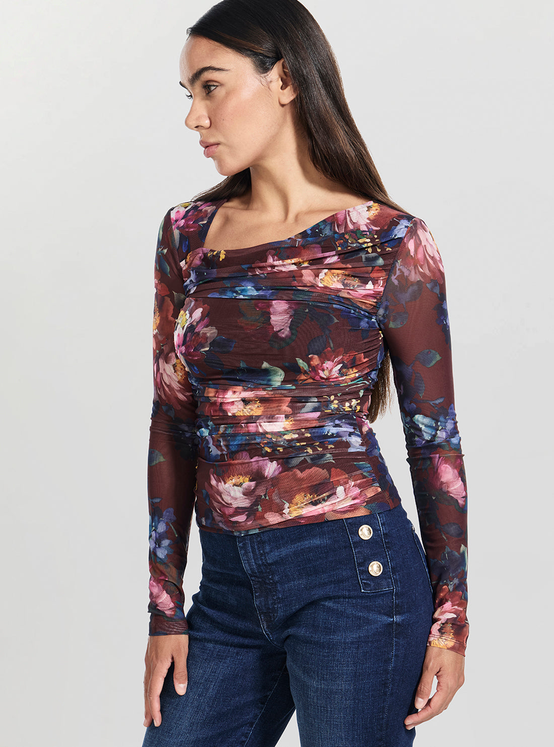 GUESS Womens Multi Bernadette Bloom Print Top W5BP32KCZC2 Side VIew