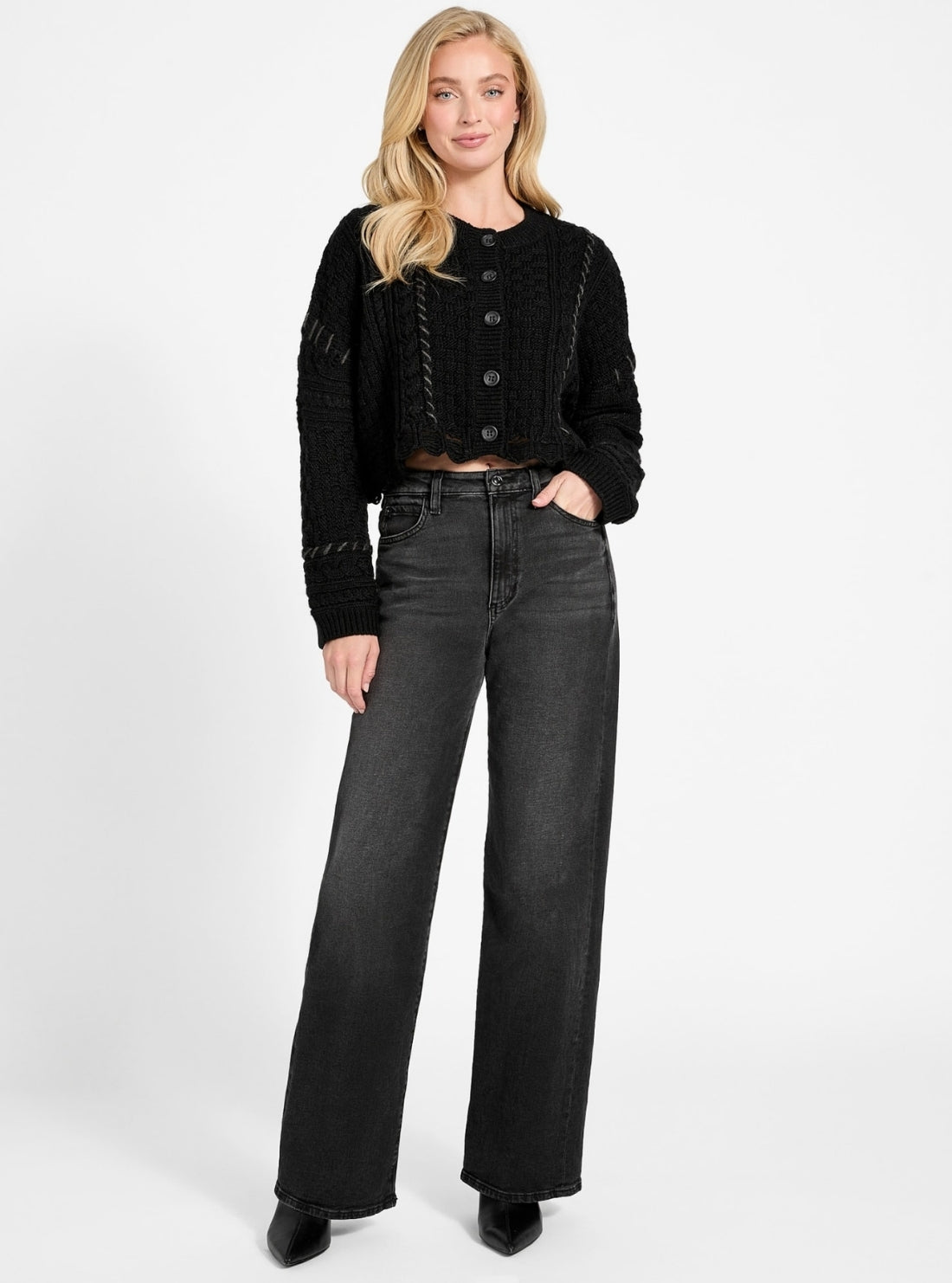 GUESS Womens Black Kaori Wool-Blend Stitched Cardigan W5BR0BZ4070  Full View