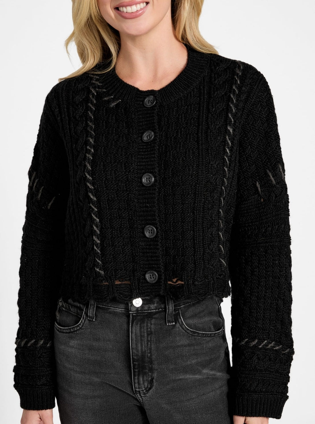 GUESS Womens Black Kaori Wool-Blend Stitched Cardigan W5BR0BZ4070  Detail View