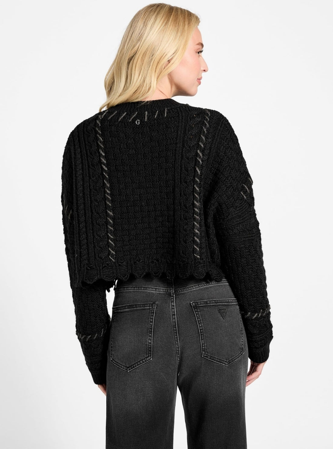 GUESS Womens Black Kaori Wool-Blend Stitched Cardigan W5BR0BZ4070  Back View