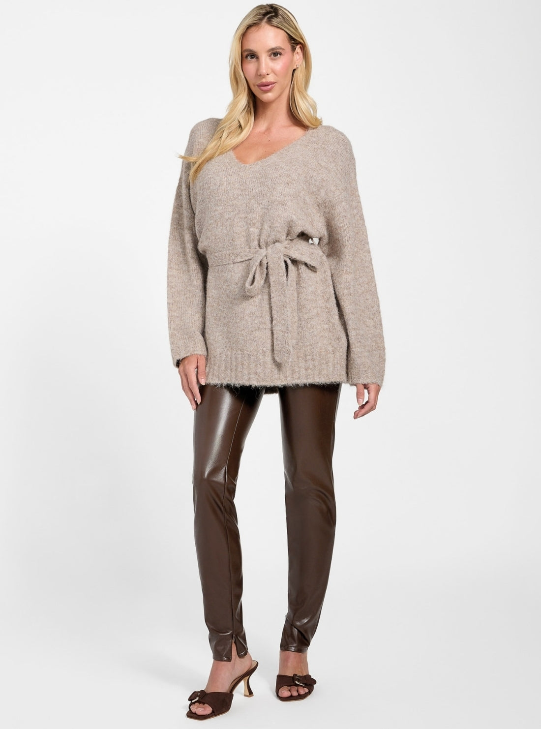 GUESS Womens Eco Brown Kiyoka Sweater Tie Tunic W5BR0PZ4302 Full View