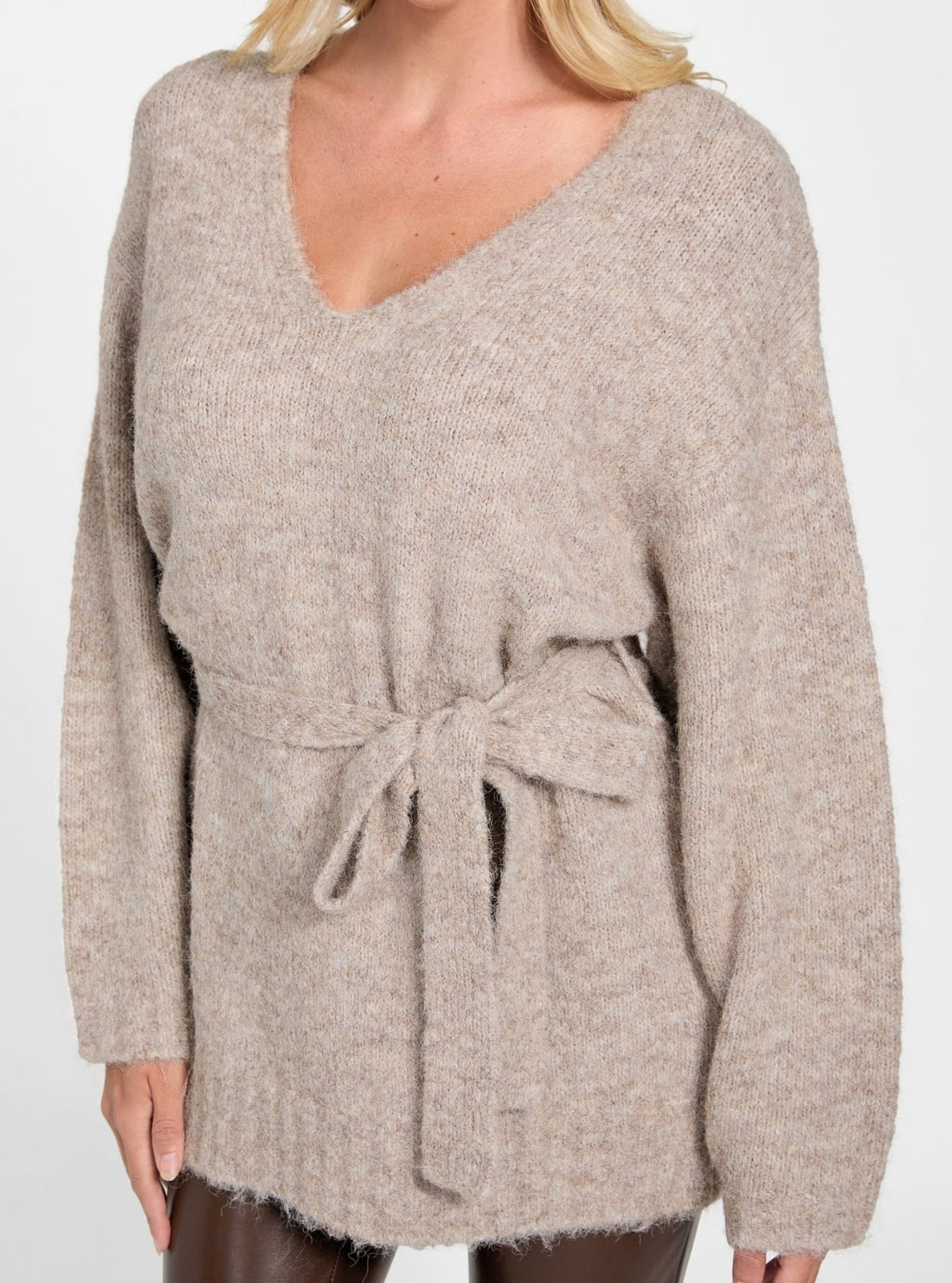 GUESS Womens Eco Brown Kiyoka Sweater Tie Tunic W5BR0PZ4302 Detail View
