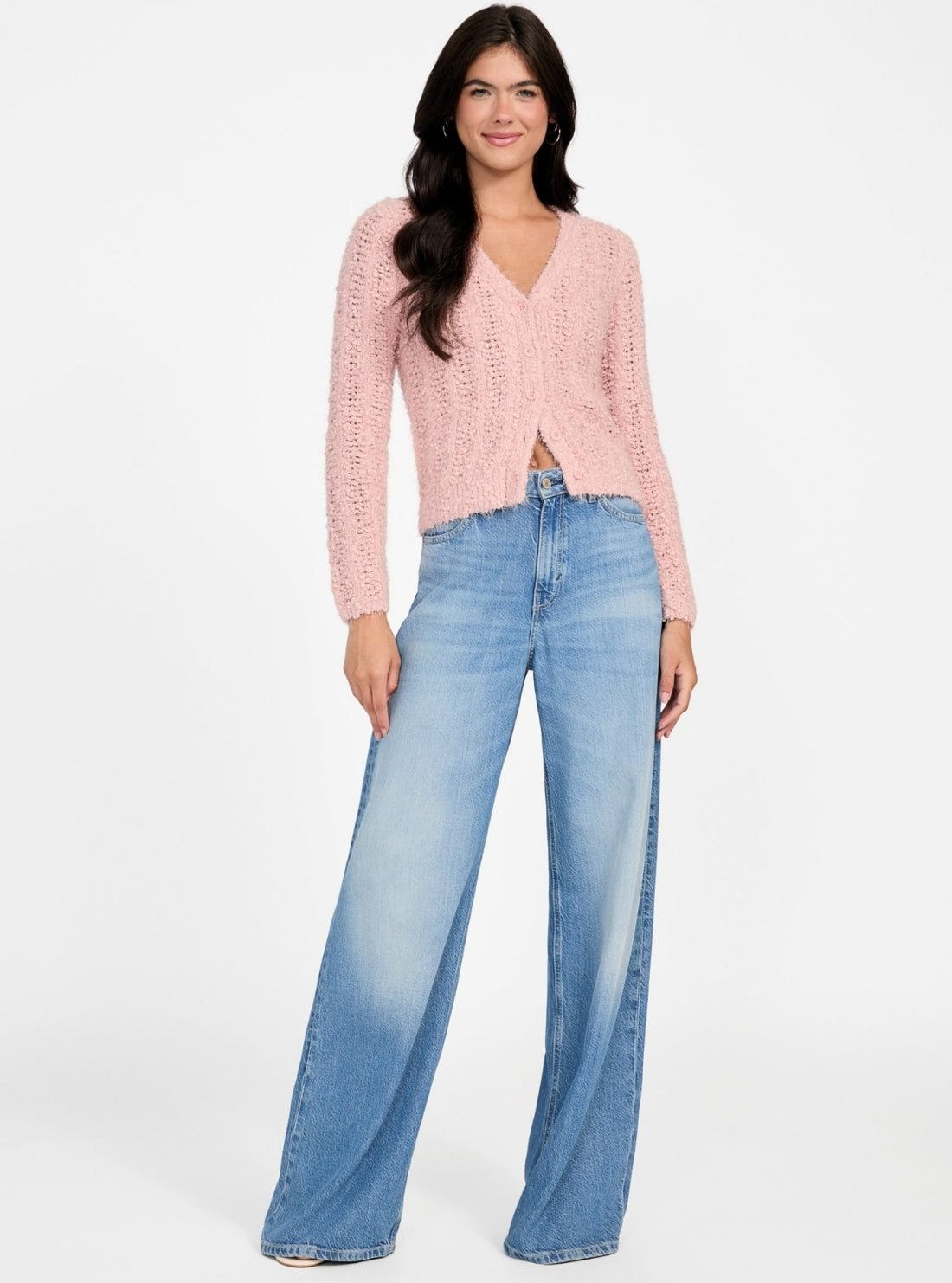 GUESS Womens Eco Pink Bea Open-Stitch Cardigan W5BR19Z3OX2 Full View