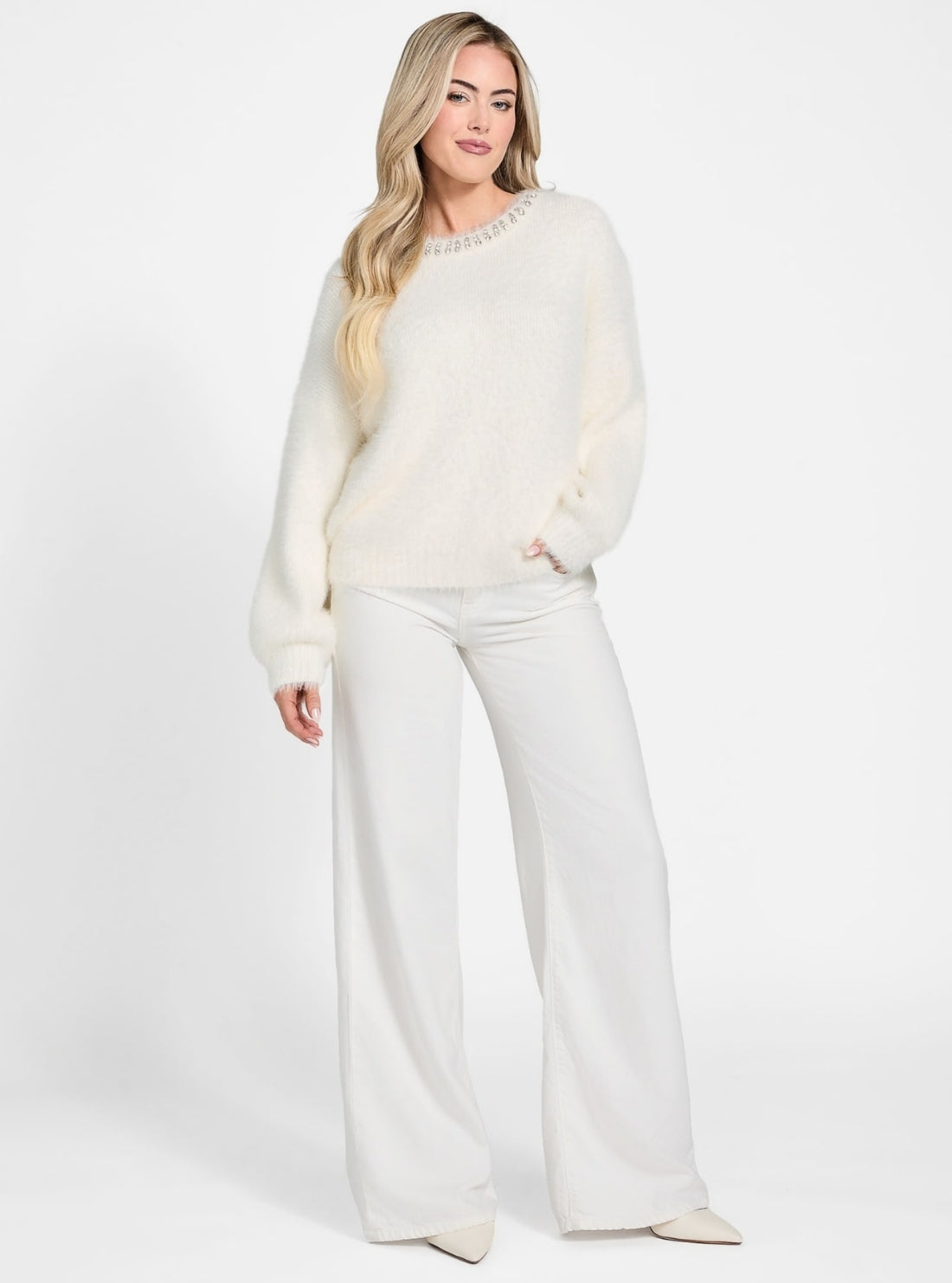 GUESS Womens White Arisa Rhinestone Neck Sweater W5BR58Z3BH0 Full View