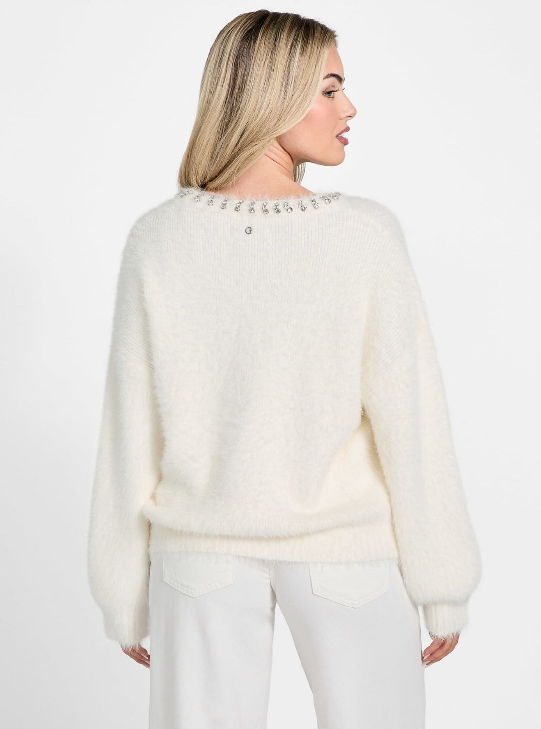 GUESS Womens White Arisa Rhinestone Neck Sweater W5BR58Z3BH0 Back View