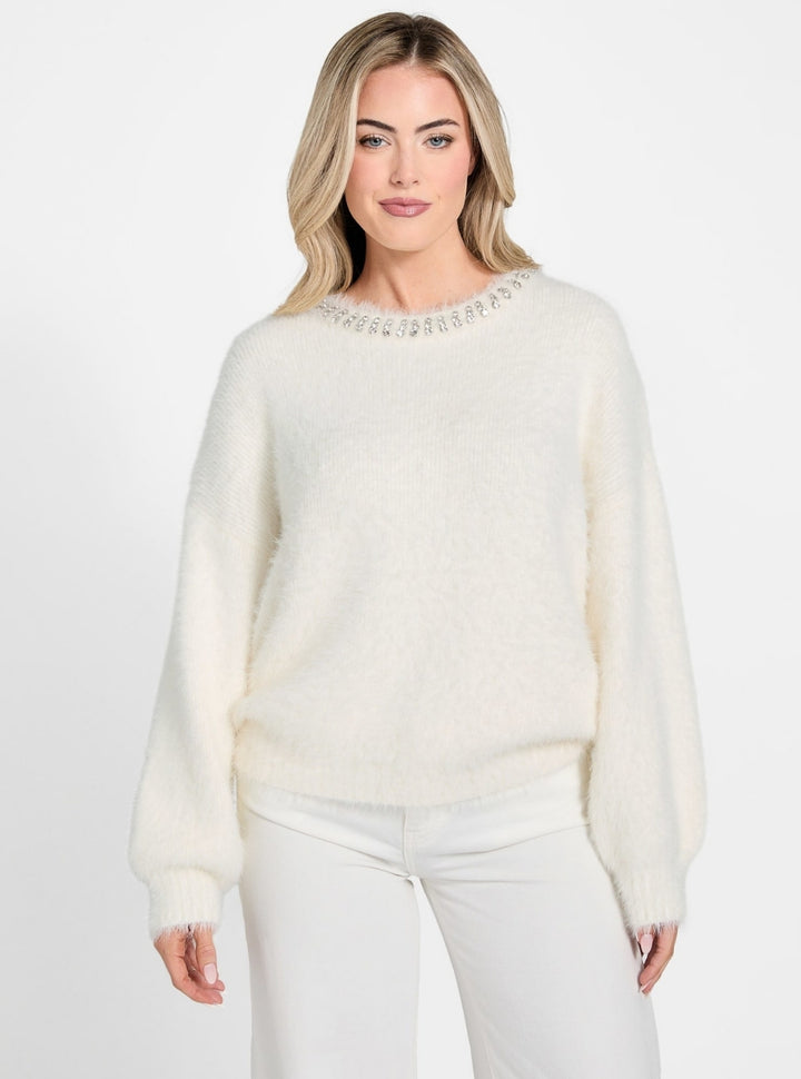 GUESS Womens White Arisa Rhinestone Neck Sweater W5BR58Z3BH0 Front View