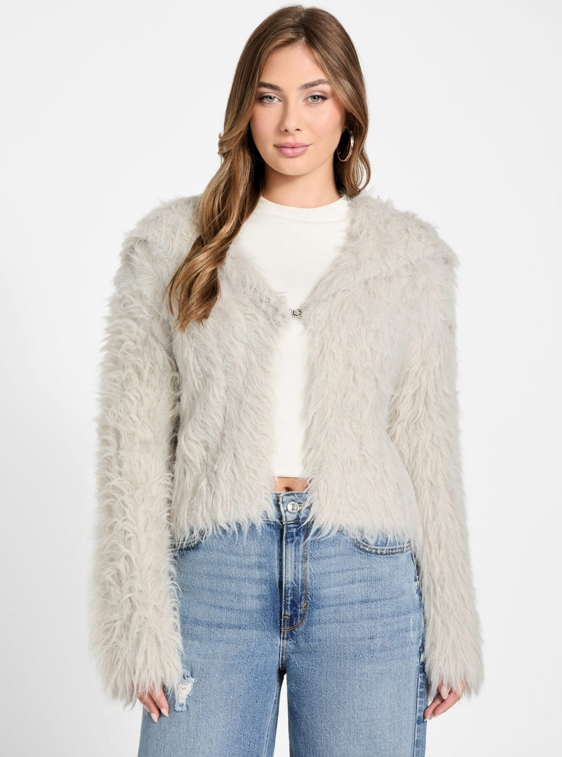 GUESS Womens Off-White Lara Fuz Rib Cardigan W5BR60Z0880 Front View