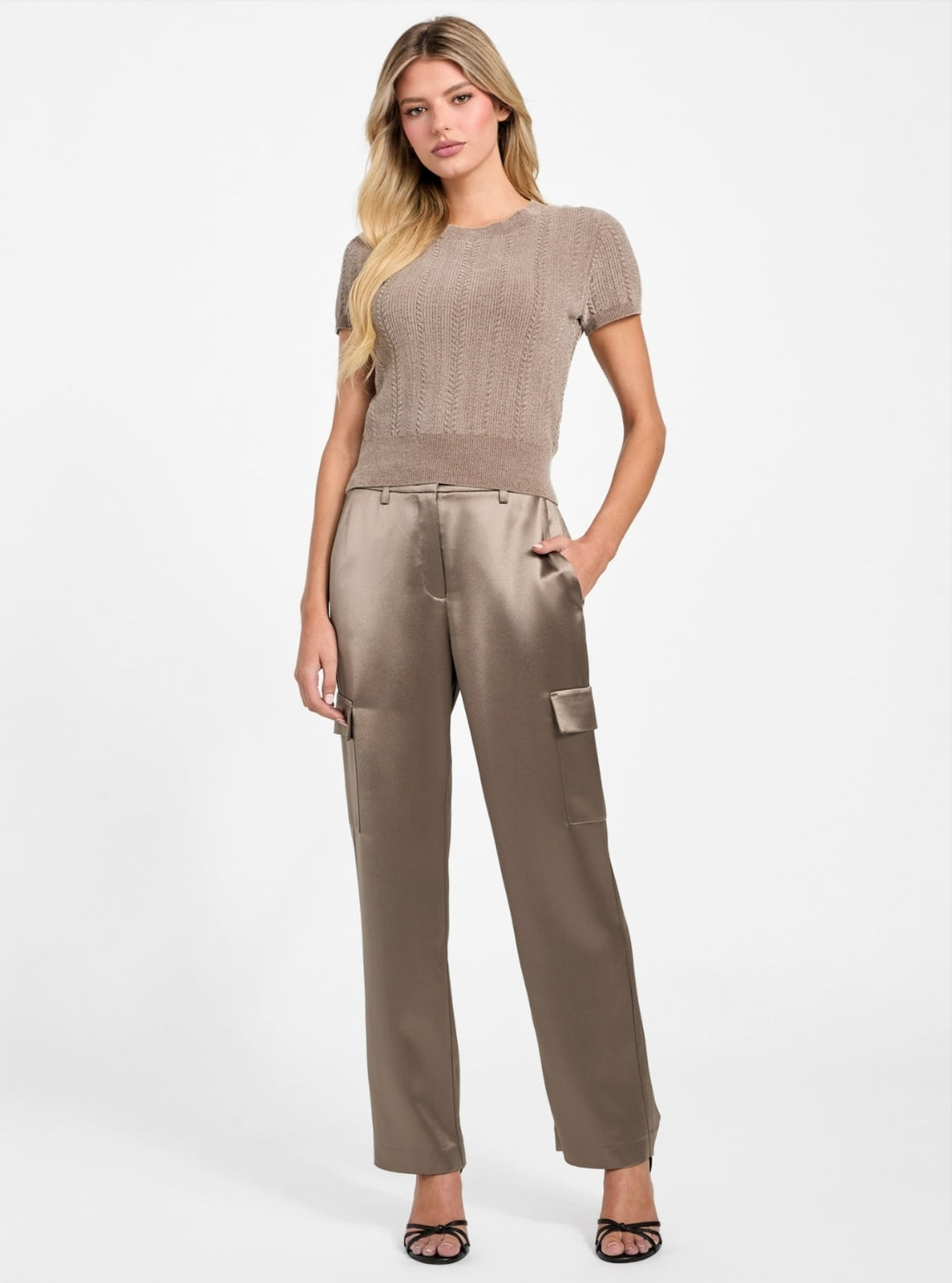 GUESS Womens Brown Marcie Chenille Cable Sweater W5BR83Z3902 Full View