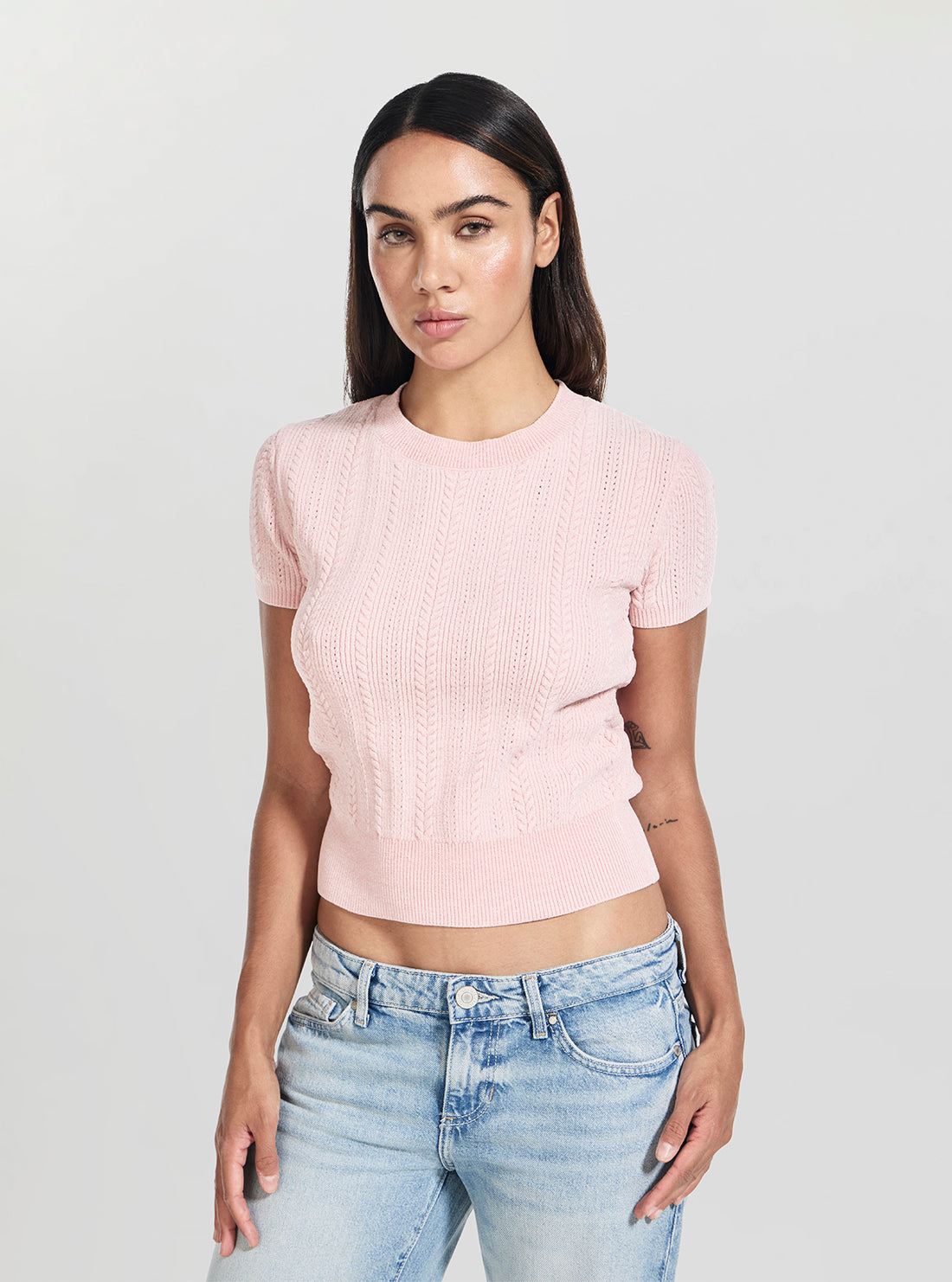 GUESS Womens Pink Marcie Chenille Cable Sweater W5BR83Z3902 Side View