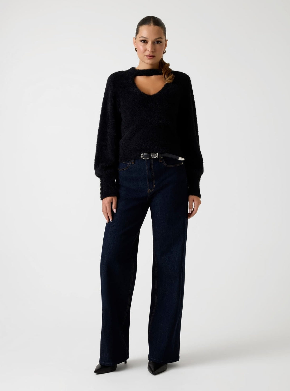 GUESS Womens Black Yuki Fuzzy Cut-Out Sweater W5BR92Z3BJ0 Full View