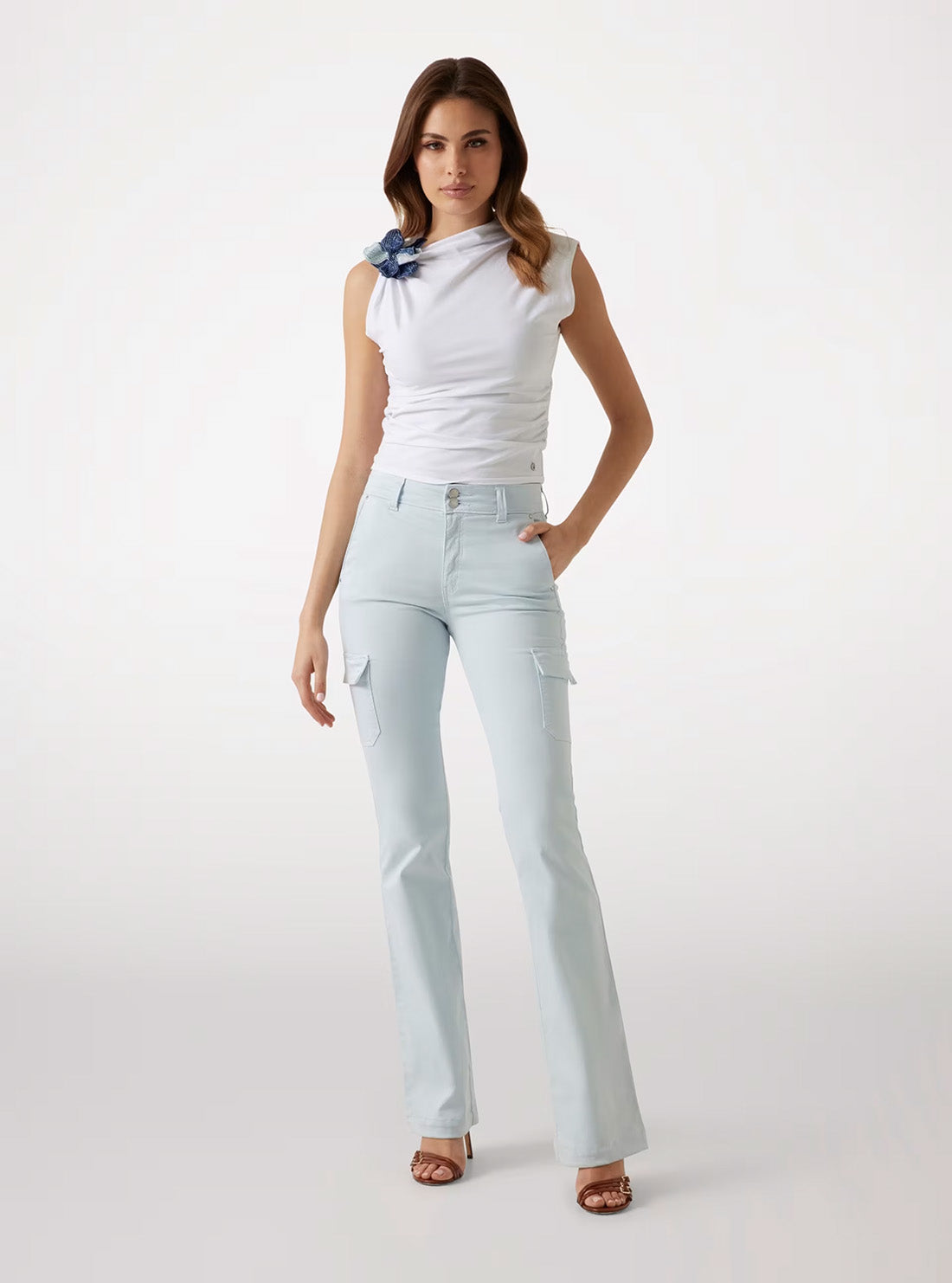 GUESS Women's Blue Mid Rise Slim Fit Cargo Mini Boot Pants W5GA1BW93CL Full View