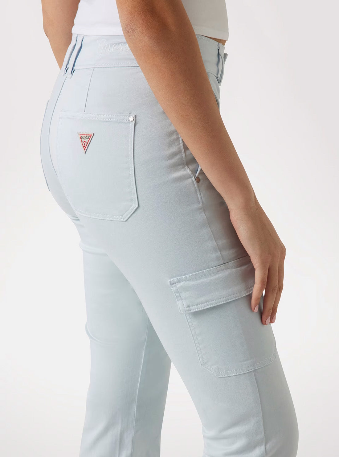 GUESS Women's Blue Mid Rise Slim Fit Cargo Mini Boot Pants W5GA1BW93CL Close Up View