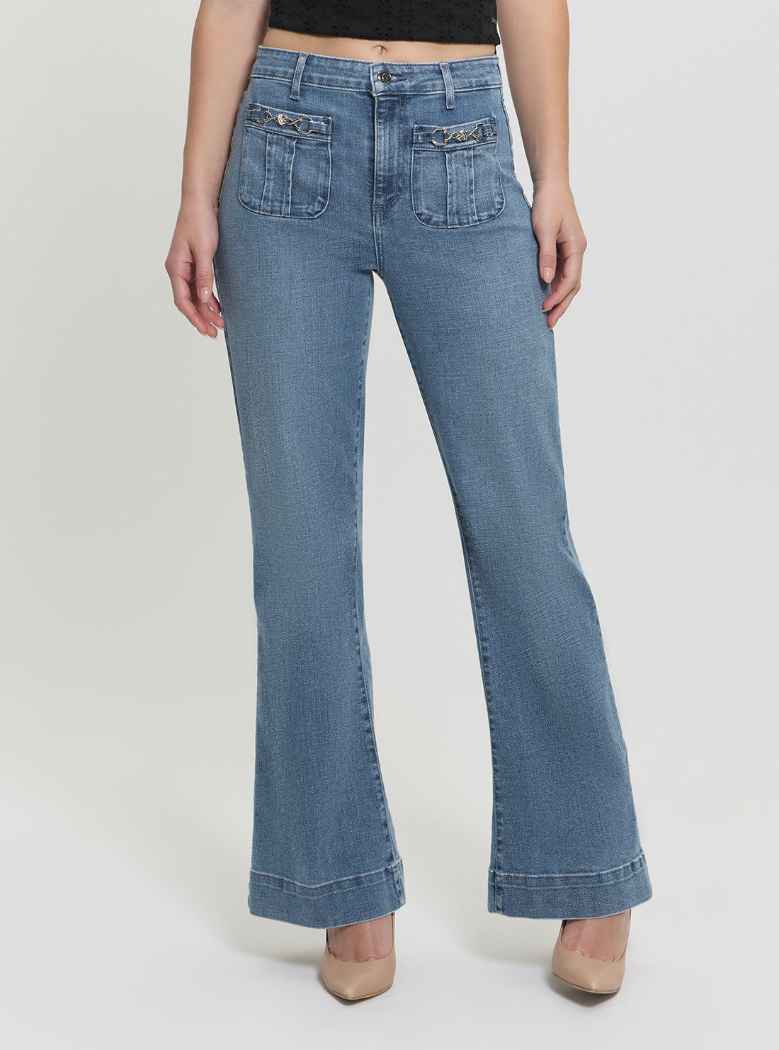 GUESS Womens High-Rise Relaxed Flare Jeans in Medium Wash W5GA1WD4LT0 Front View