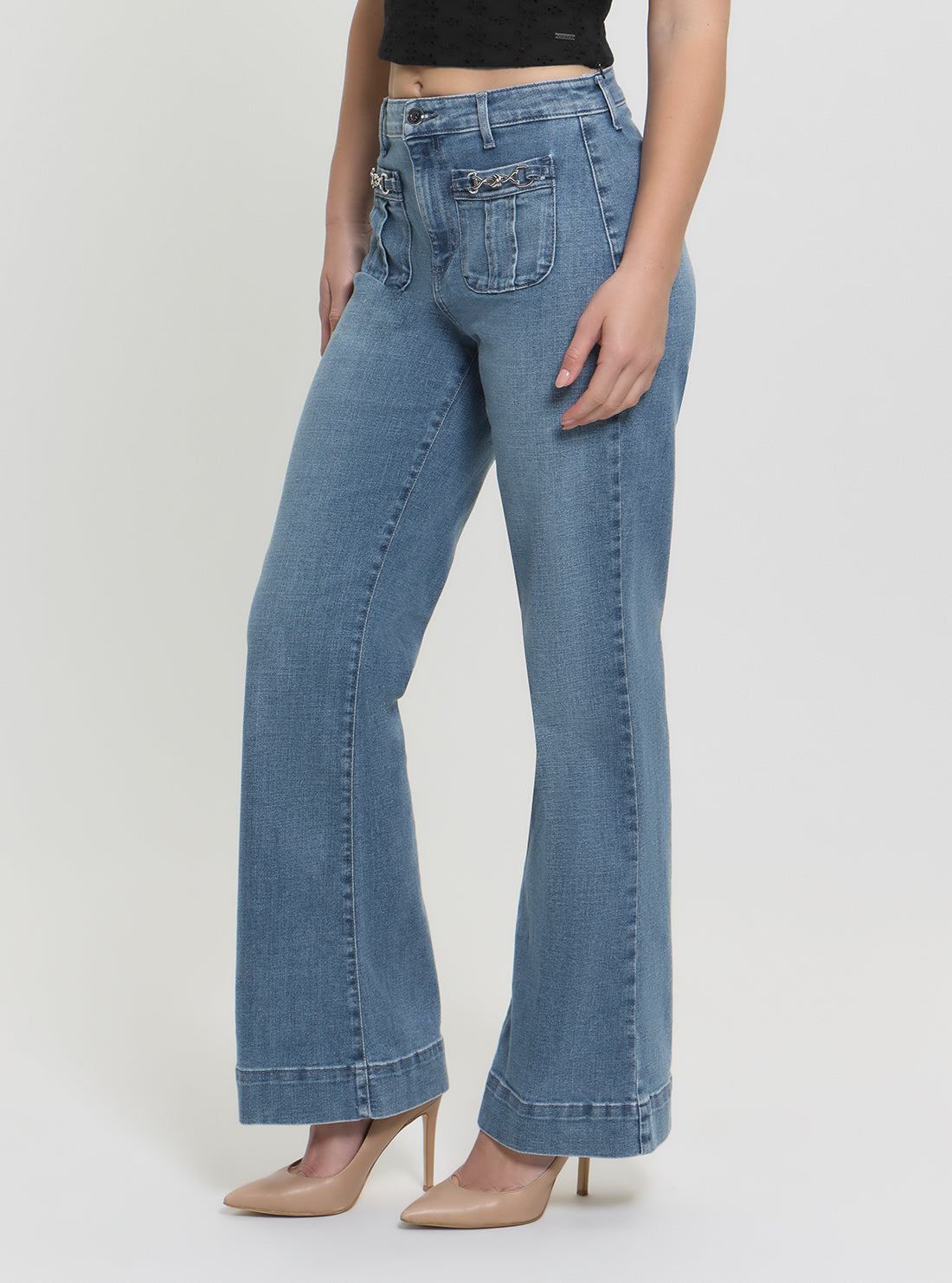 GUESS Womens High-Rise Relaxed Flare Jeans in Medium Wash W5GA1WD4LT0 Side View
