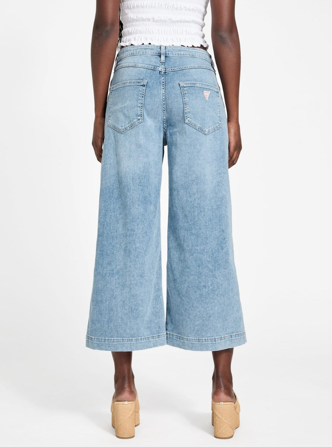 GUESS Womens High-Rise Relaxed Fit Bellflower Cropped Wide Leg Jeans in Medium Wash W5GA2ED5O90 Back View