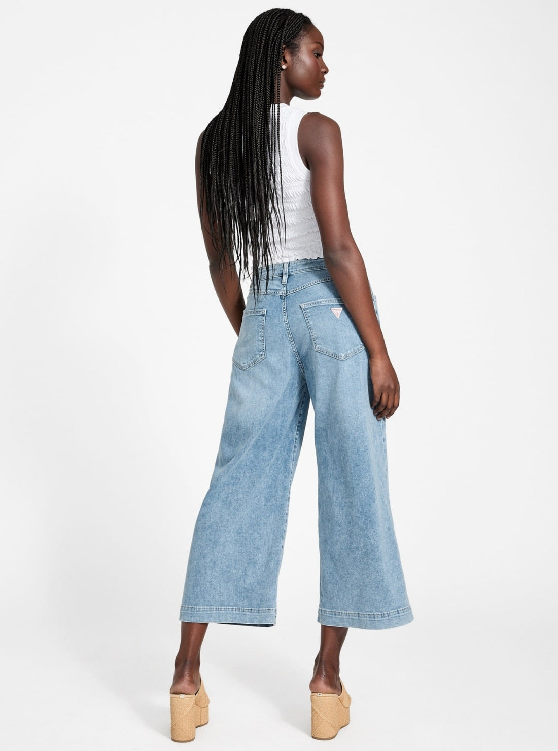 GUESS Womens High-Rise Relaxed Fit Bellflower Cropped Wide Leg Jeans in Medium Wash W5GA2ED5O90 Full Back View