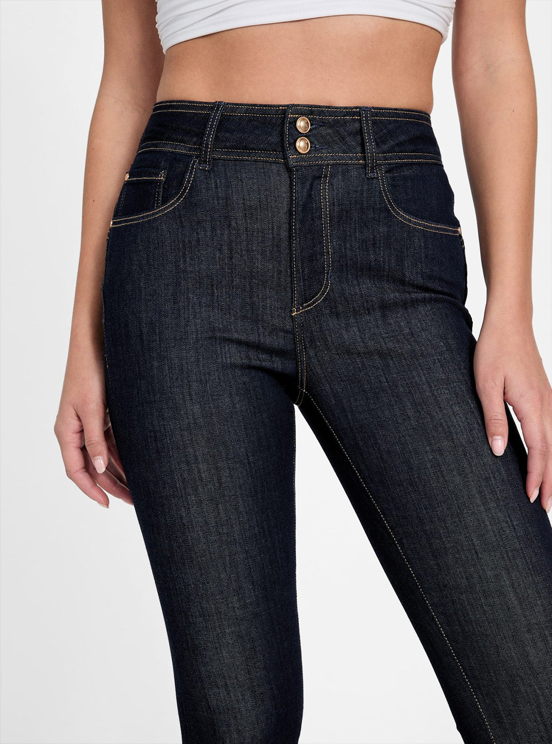 GUESS Womens High-Rise Shape Up Capri Jeans in Dark Wash W5GA80D5B43 Detail View