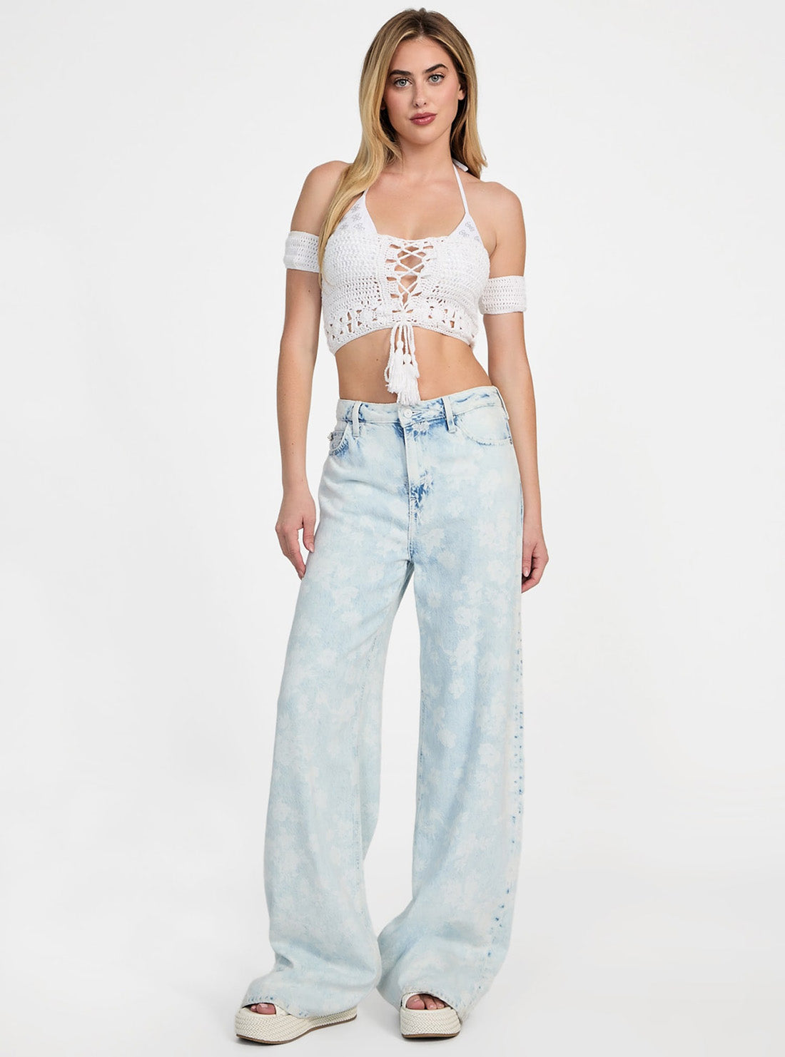 GUESS Womens High-Rise Bellflower Wide Leg Jeans in Light Wash Full View