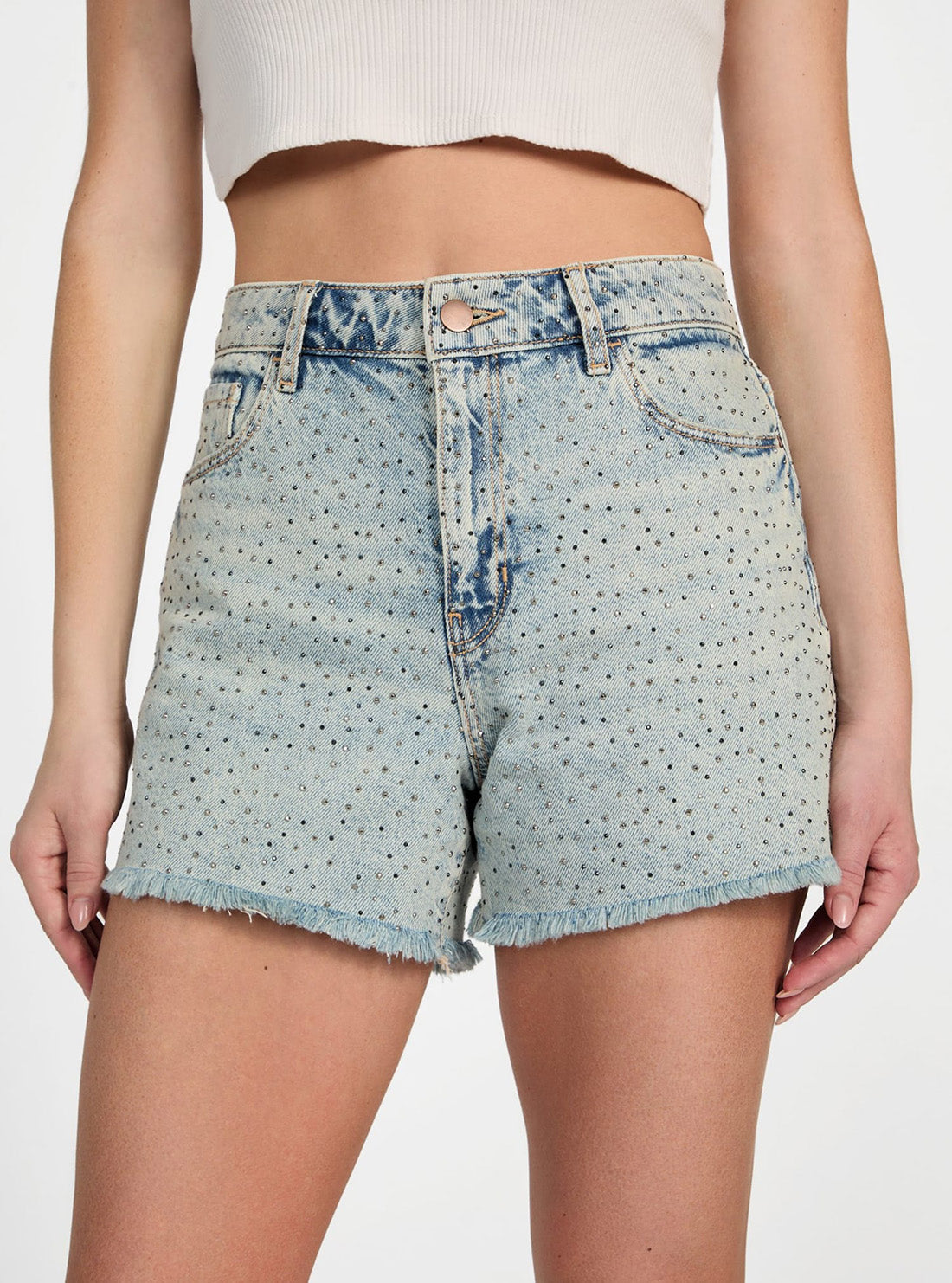 GUESS Womens High-Rise Relaxed Midi Short in Light Wash W5GD74D5LQ2 Front View