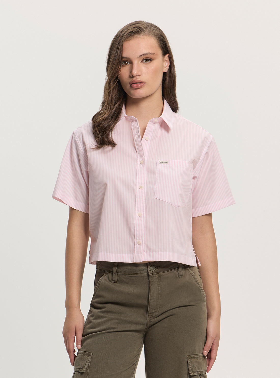 Guess Jeans Eco Pink Striped Boxy Poplin Shirt W5GH98WH7Q1 Front View