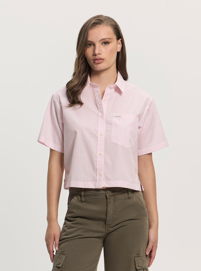 Guess Jeans Eco Pink Striped Boxy Poplin Shirt W5GH98WH7Q1 Front View
