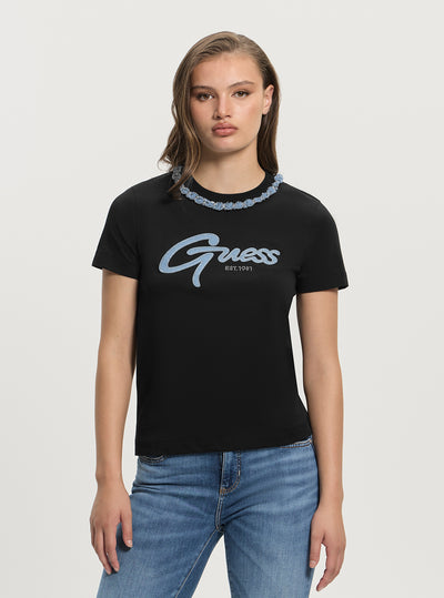 GUESS Womens Black Jean Chain T-Shirt W5GI03I3Z14 Front View