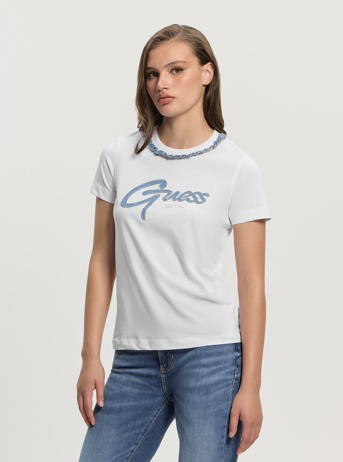 GUESS Womens White Jean Chain T-Shirt W5GI03I3Z14 Front Side View