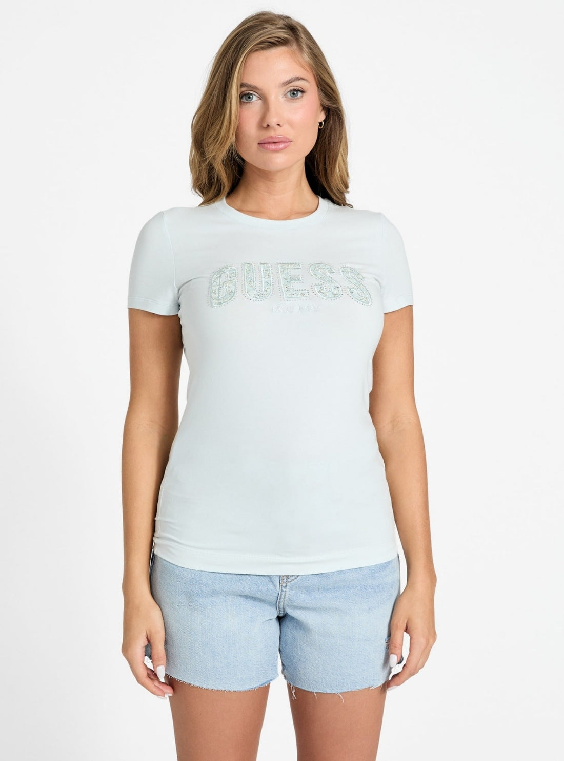 GUESS Womens Blue Crew Neck Logo Lace T-Shirt W5GI04J1314 Front View