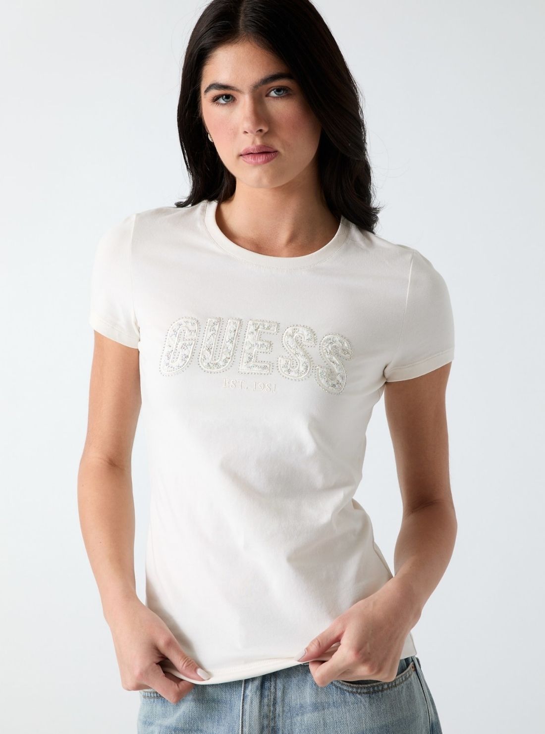 GUESS Womens White Logo Lace T-Shirt W5GI04J1314 Front View2
