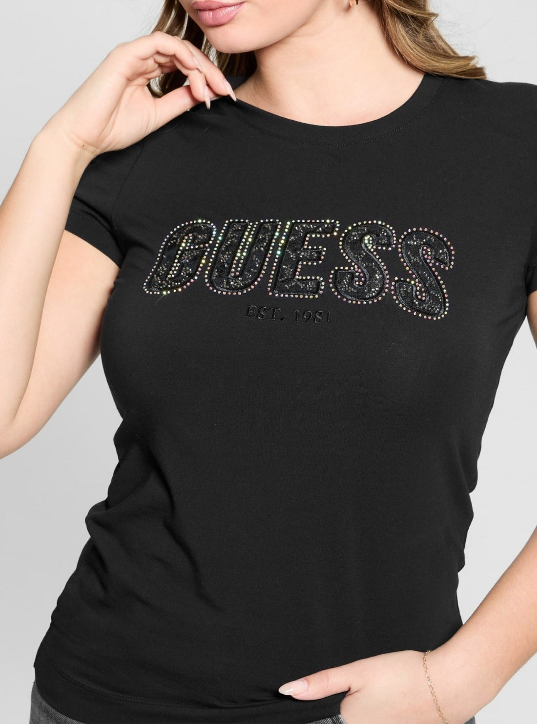 GUESS Womens Black Logo Lace T-Shirt W5GI04J1314 Detail View